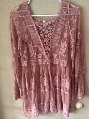 Dusty Rose Crochet Lace Sheer Peasant Tunic Size M